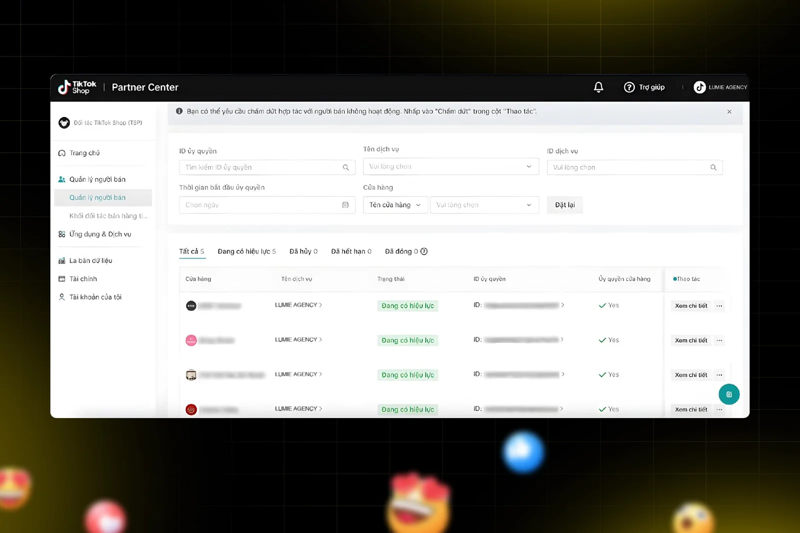 TikTok Shop Partner Center hiển thị các liên kết Lumie Agency đang có hiệu lực, thông tin cửa hàng được ẩn