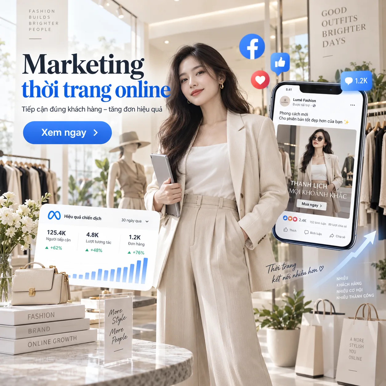 Minh họa hệ thống marketing thời trang kết nối nội dung, quảng cáo và dữ liệu