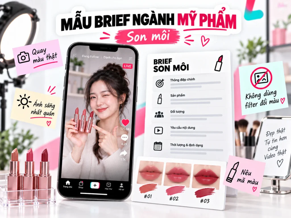 Mẫu brief KOC/KOL ngành mỹ phẩm cho son môi với yêu cầu thể hiện màu và ánh sáng