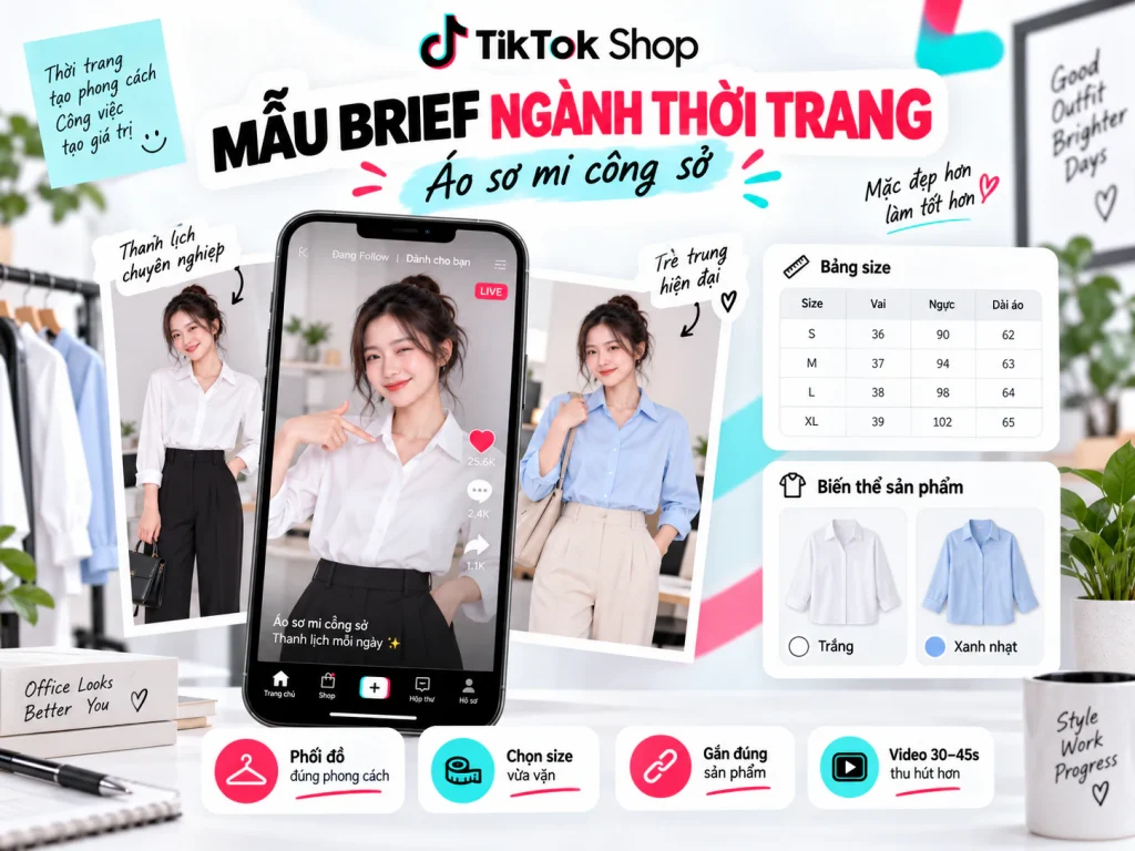 Mẫu brief KOC/KOL ngành thời trang cho áo sơ mi công sở, bảng size và biến thể sản phẩm