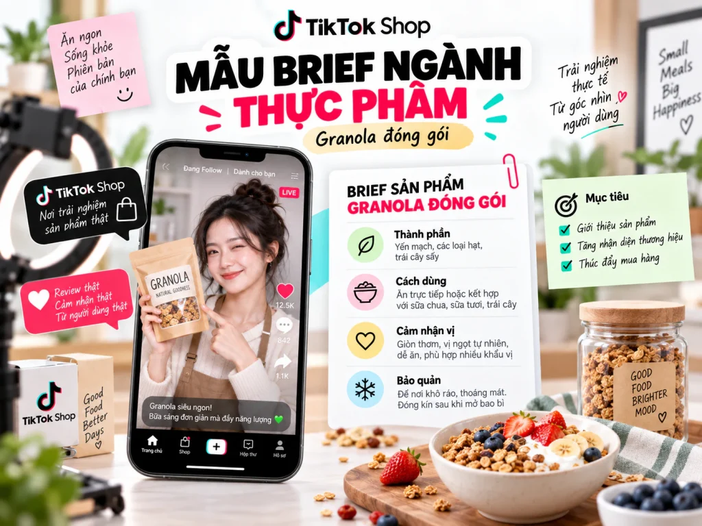 Mẫu brief KOC/KOL ngành thực phẩm cho granola đóng gói với thành phần, cách dùng và mục tiêu
