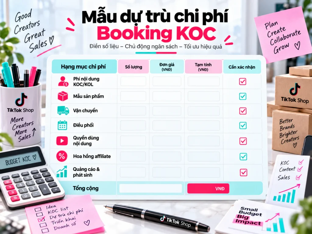 Bảng dự trù chi phí Booking KOC theo phí creator, sản phẩm mẫu, vận chuyển, điều phối, quyền nội dung, Affiliate và quảng cáo