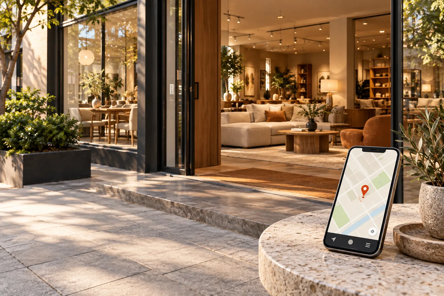 Mô phỏng khách tìm showroom nội thất trên bản đồ và nhìn không gian trưng bày