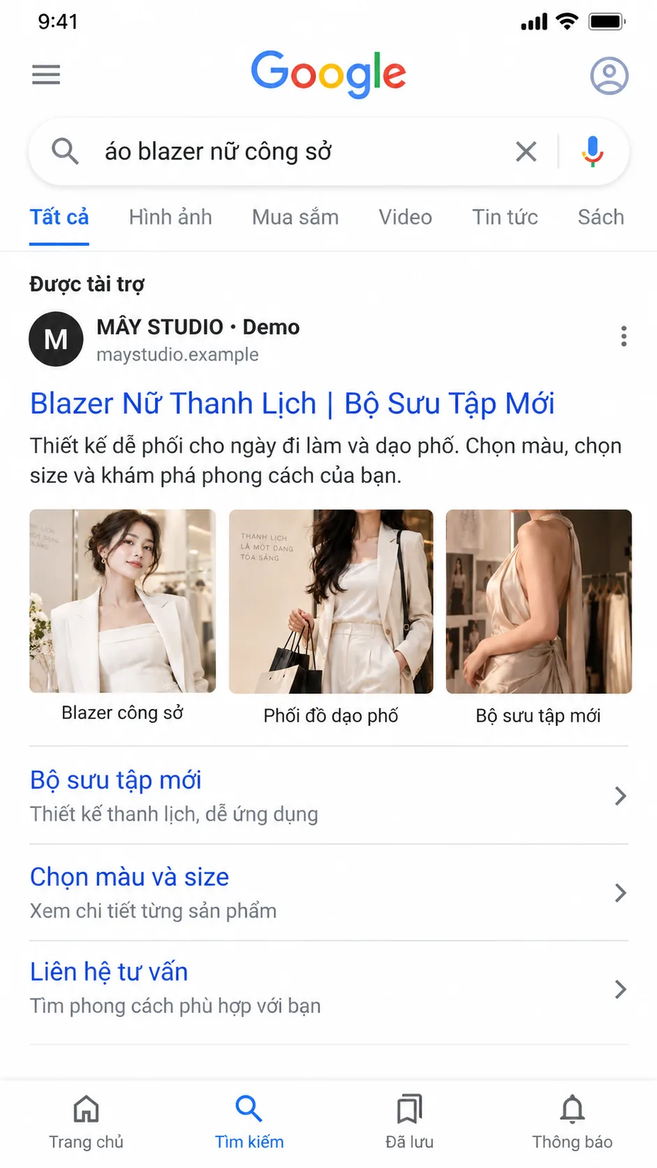 Mẫu minh họa quảng cáo tìm kiếm Google cho sản phẩm thời trang