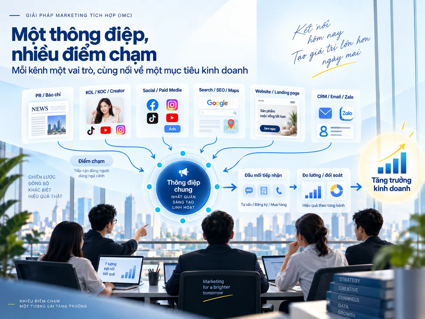 Một thông điệp IMC kết nối PR, creator, paid media, tìm kiếm, website và CRM
