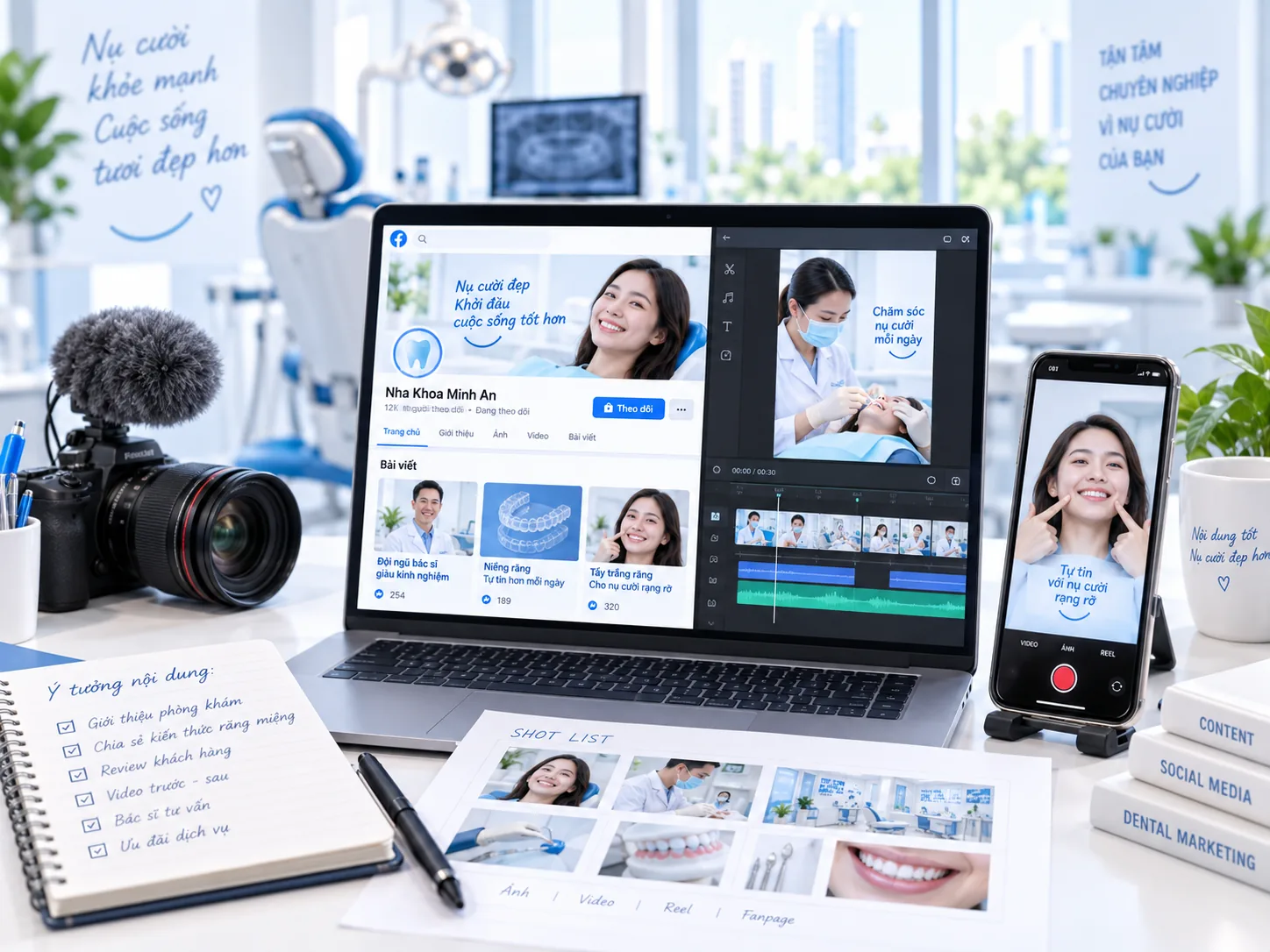 Minh họa sản xuất ảnh, video và nội dung mạng xã hội cho phòng khám nha khoa