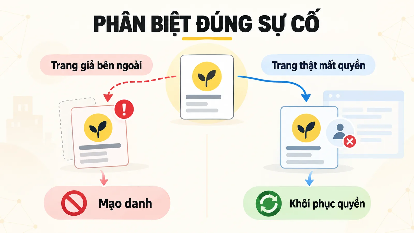 Sơ đồ phân biệt Fanpage giả mạo bên ngoài với Fanpage chính chủ bị mất quyền quản trị