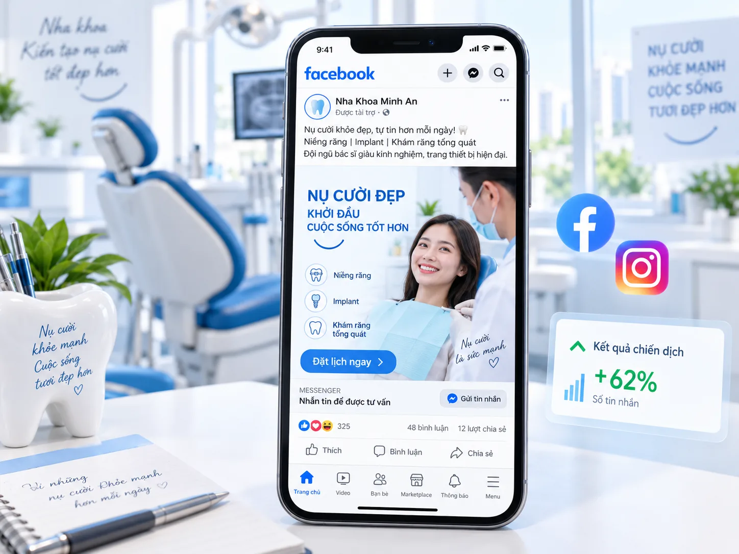 Minh họa mẫu quảng cáo Facebook và Instagram cho dịch vụ nha khoa