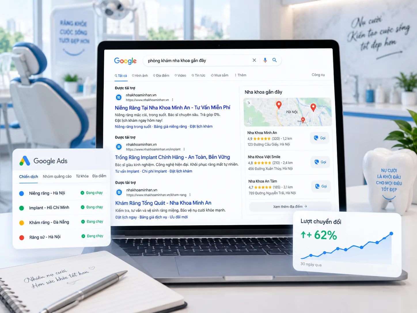 Minh họa quảng cáo Google Search và Google Maps cho phòng khám nha khoa