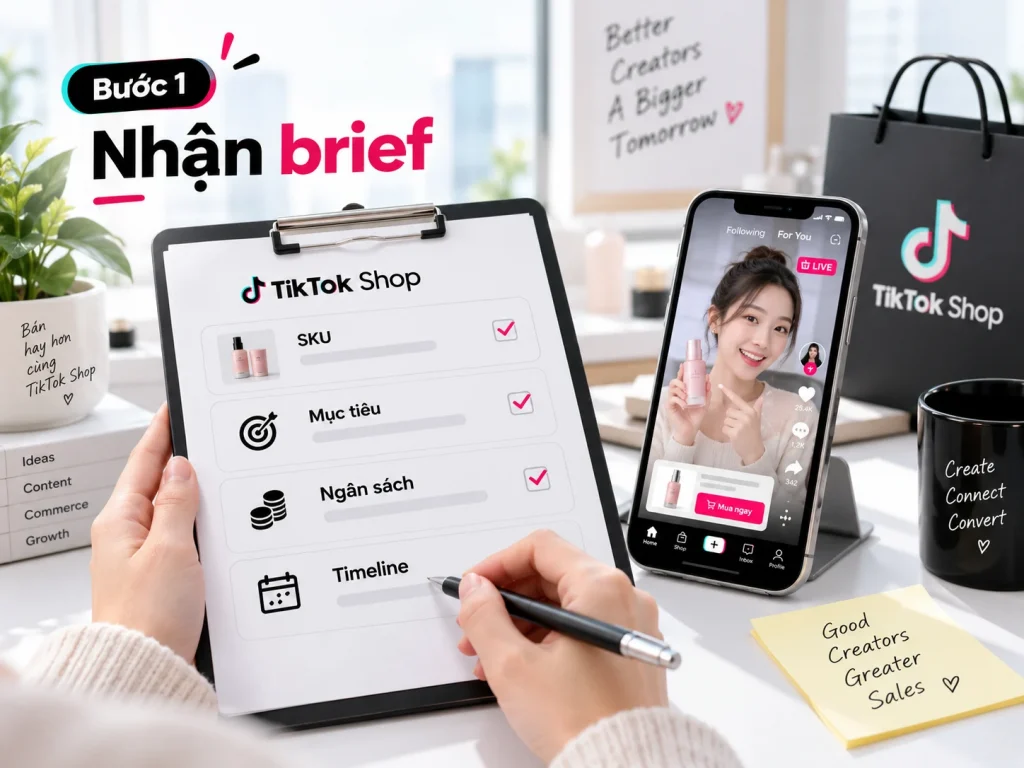 Bước 1 quy trình Booking KOC TikTok Shop: tiếp nhận brief, xác định sản phẩm, mục tiêu, ngân sách và thời gian chiến dịch