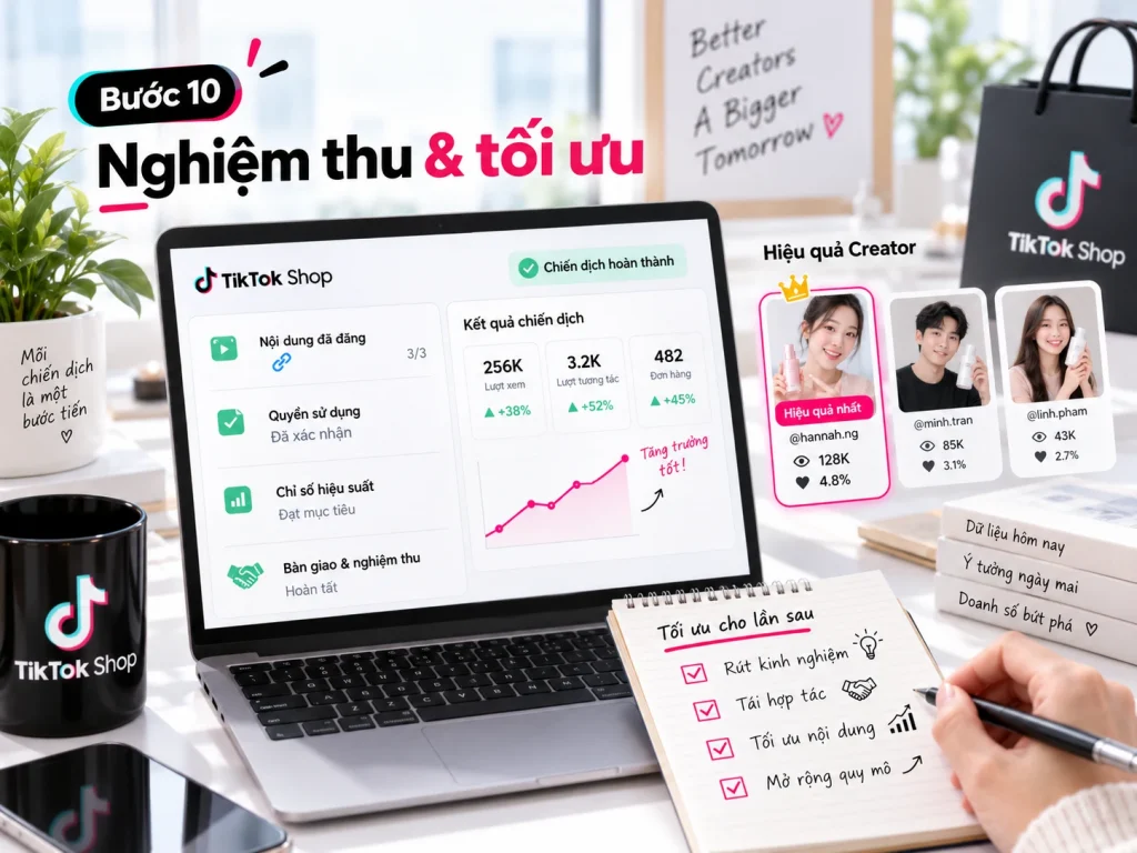 Bước 10 quy trình Booking KOC TikTok Shop: tổng hợp nội dung hoàn thành, quyền sử dụng, dữ liệu chiến dịch và bài học tối ưu