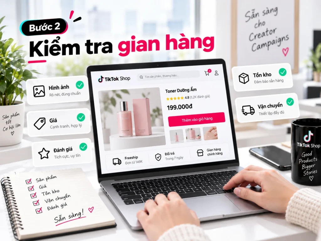 Bước 2 quy trình Booking KOC TikTok Shop: rà soát hình ảnh, giá, đánh giá, tồn kho, vận chuyển và độ sẵn sàng của gian hàng