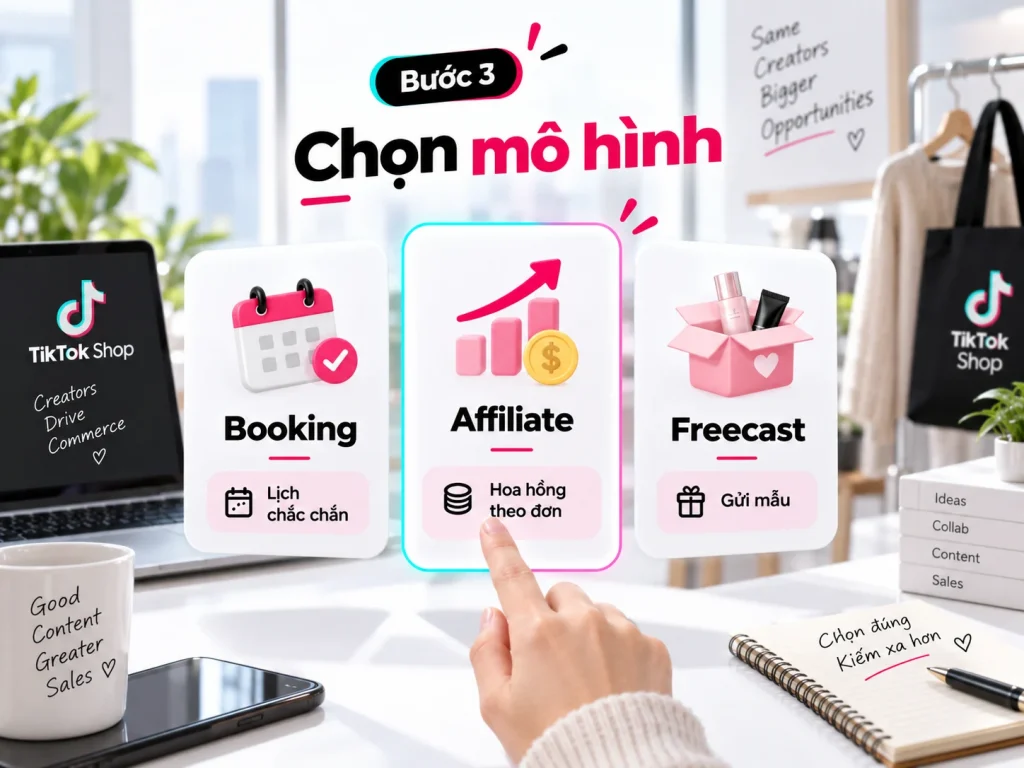 Bước 3 quy trình Booking KOC TikTok Shop: so sánh Booking trả phí, Affiliate theo đơn và Freecast gửi sản phẩm mẫu
