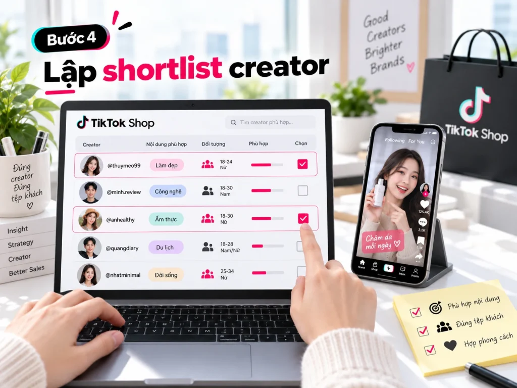 Bước 4 quy trình Booking KOC TikTok Shop: sàng lọc creator theo ngành hàng, tệp người xem, phong cách và mức độ phù hợp