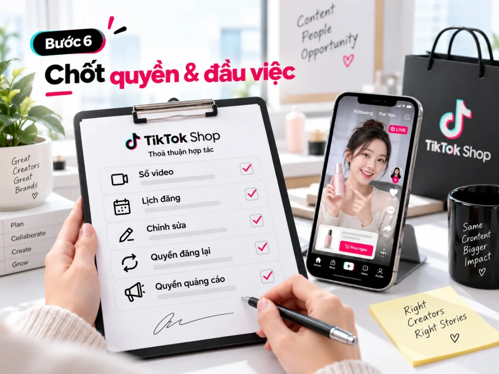 Bước 6 quy trình Booking KOC TikTok Shop: thống nhất số video, lịch đăng, số lần chỉnh sửa, thời hạn và quyền sử dụng nội dung