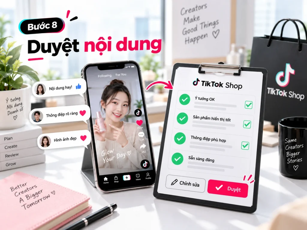 Bước 8 quy trình Booking KOC TikTok Shop: rà soát thông điệp, hình ảnh, thông tin sản phẩm và nội dung trước khi đăng