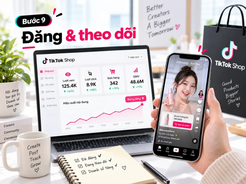 Bước 9 quy trình Booking KOC TikTok Shop: kiểm tra nội dung đã đăng, liên kết sản phẩm, quyền quảng cáo và dữ liệu theo dõi