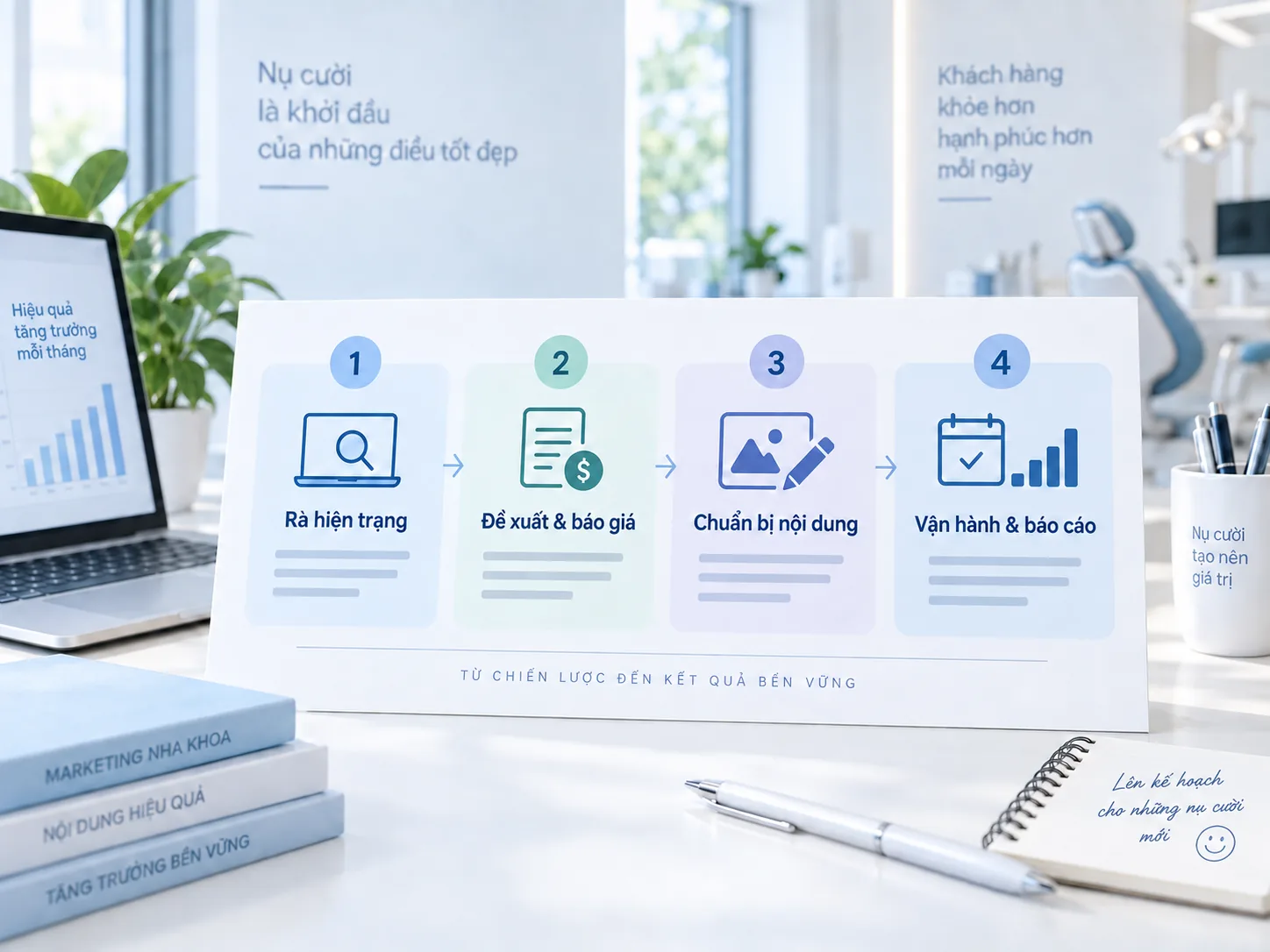 Quy trình bốn bước triển khai marketing nha khoa từ rà hiện trạng đến vận hành và báo cáo