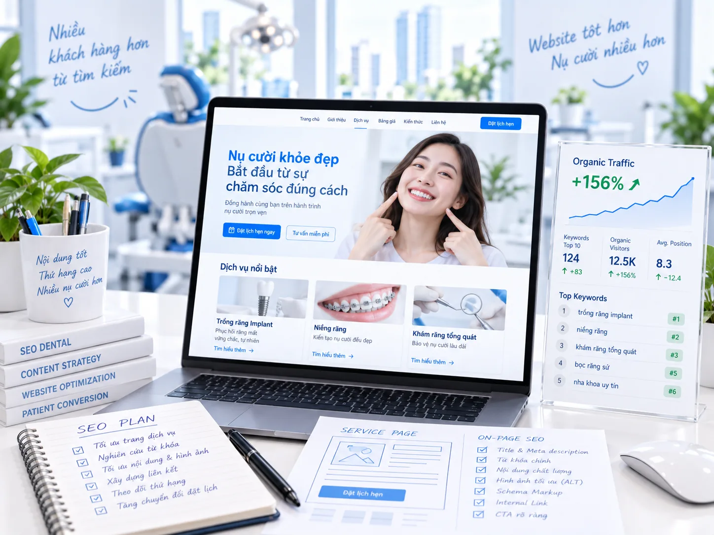 Minh họa website, nội dung dịch vụ và SEO cho phòng khám nha khoa