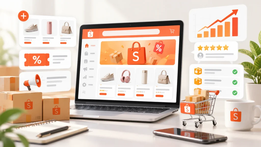 Vận hành Shopee với gian hàng, sản phẩm, khuyến mại, đơn hàng, đánh giá và dữ liệu tăng trưởng