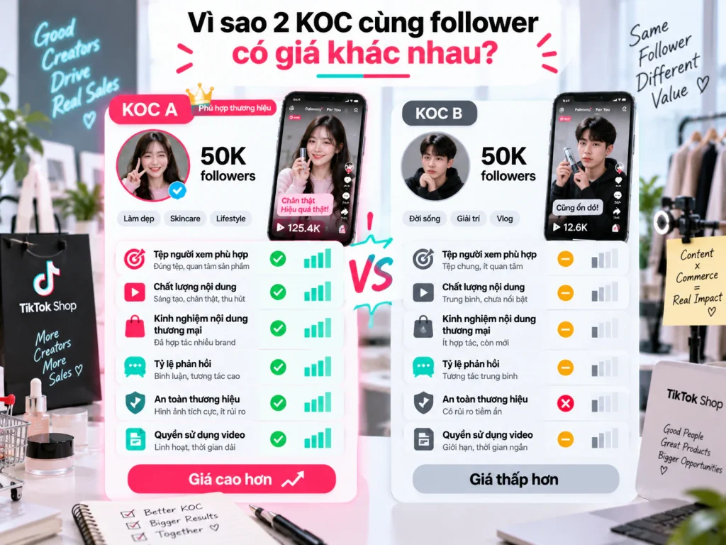 So sánh hai KOC cùng 50 nghìn follower theo độ phù hợp tệp người xem, chất lượng nội dung, kinh nghiệm thương mại, tương tác, an toàn thương hiệu và quyền dùng video