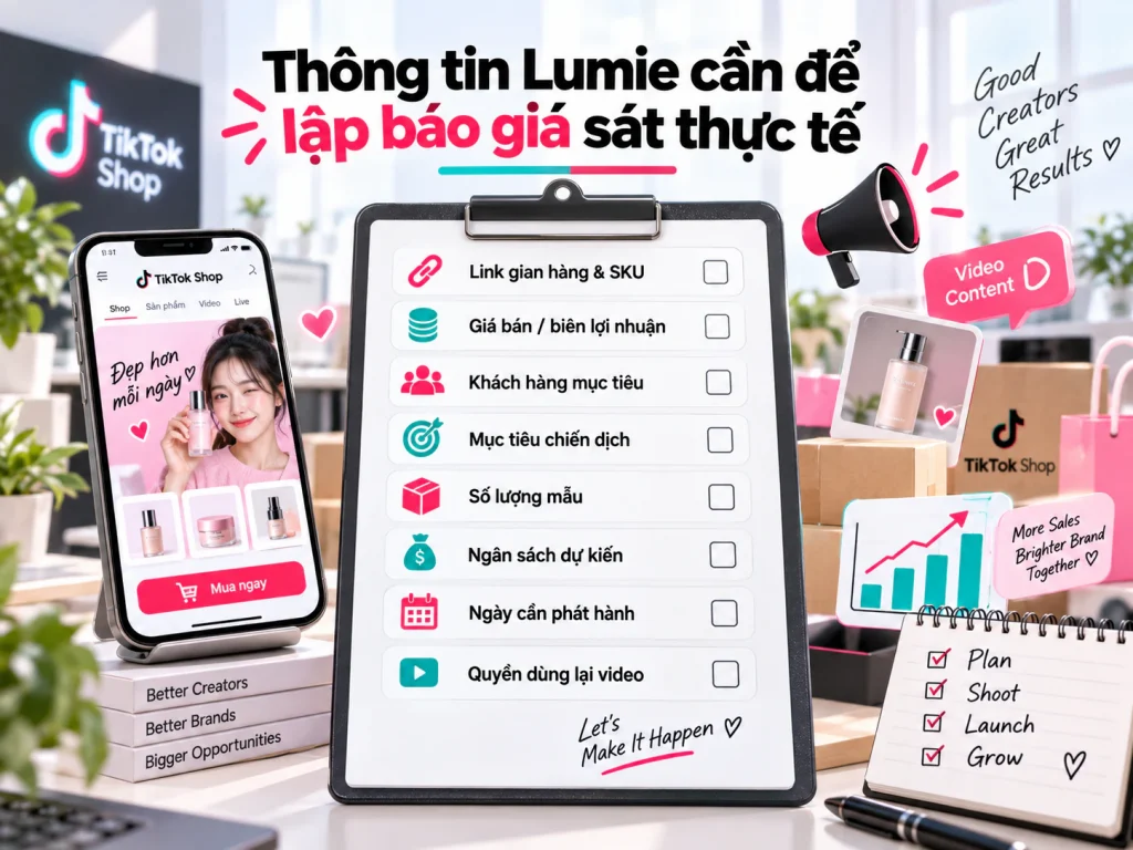 Checklist dữ liệu báo giá Booking KOC gồm liên kết gian hàng và SKU, giá bán, lợi nhuận, khách hàng mục tiêu, mục tiêu, số mẫu, ngân sách, ngày phát hành và quyền dùng video