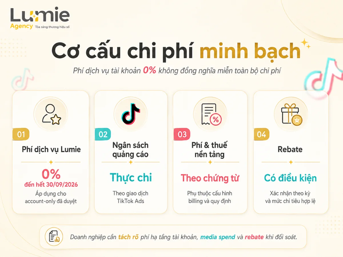 Cơ cấu chi phí thuê tài khoản TikTok Ads gồm phí Lumie 0 phần trăm, thực chi quảng cáo, phí thuế nền tảng và rebate có điều kiện