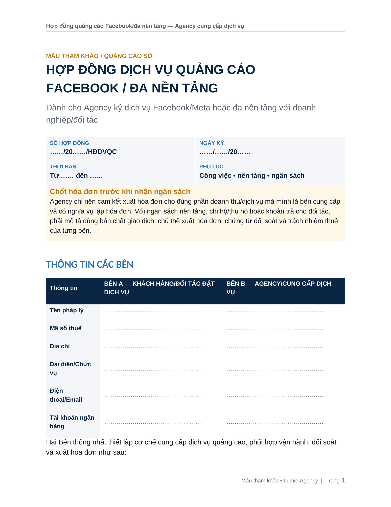 Trang đầu mẫu hợp đồng Agency cung cấp dịch vụ quảng cáo Facebook