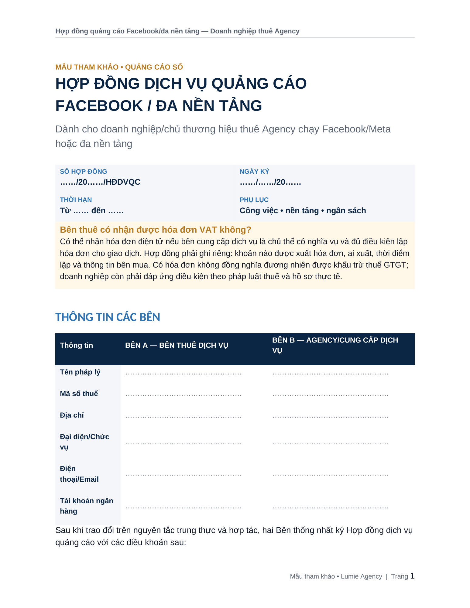 Trang đầu mẫu hợp đồng doanh nghiệp thuê Agency quảng cáo Facebook