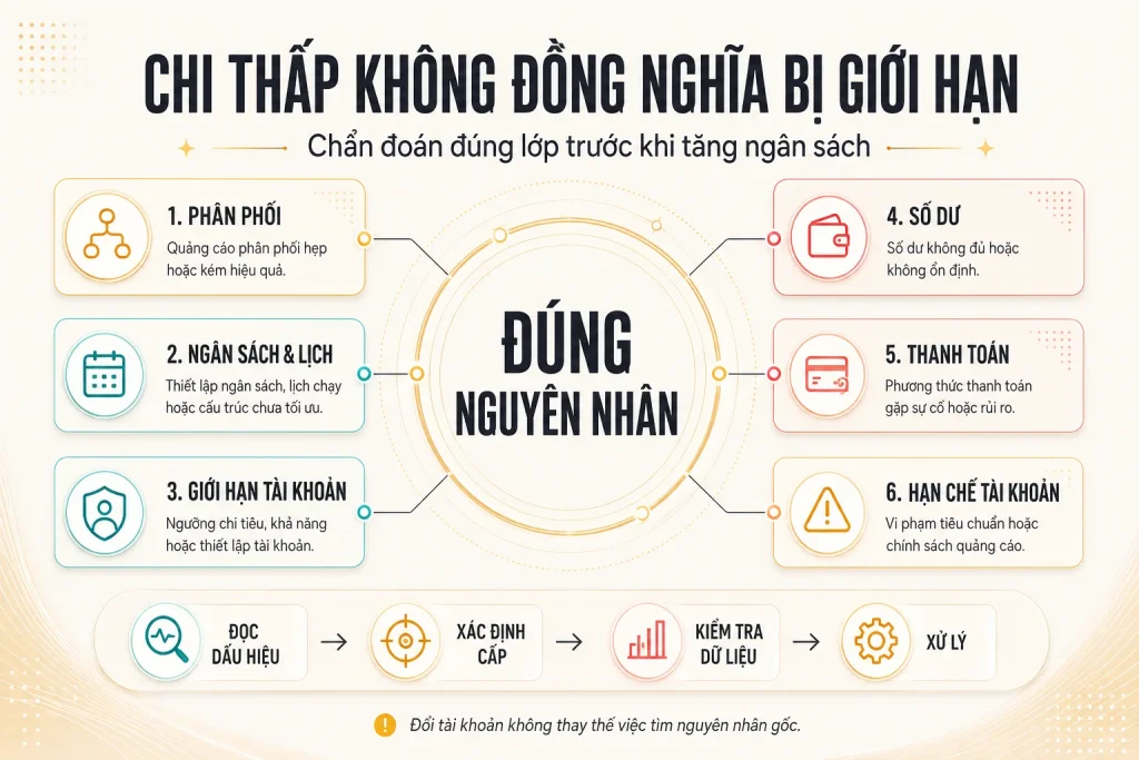 Sơ đồ sáu lớp chẩn đoán gồm phân phối, ngân sách và lịch, giới hạn tài khoản, số dư, thanh toán và hạn chế tài khoản