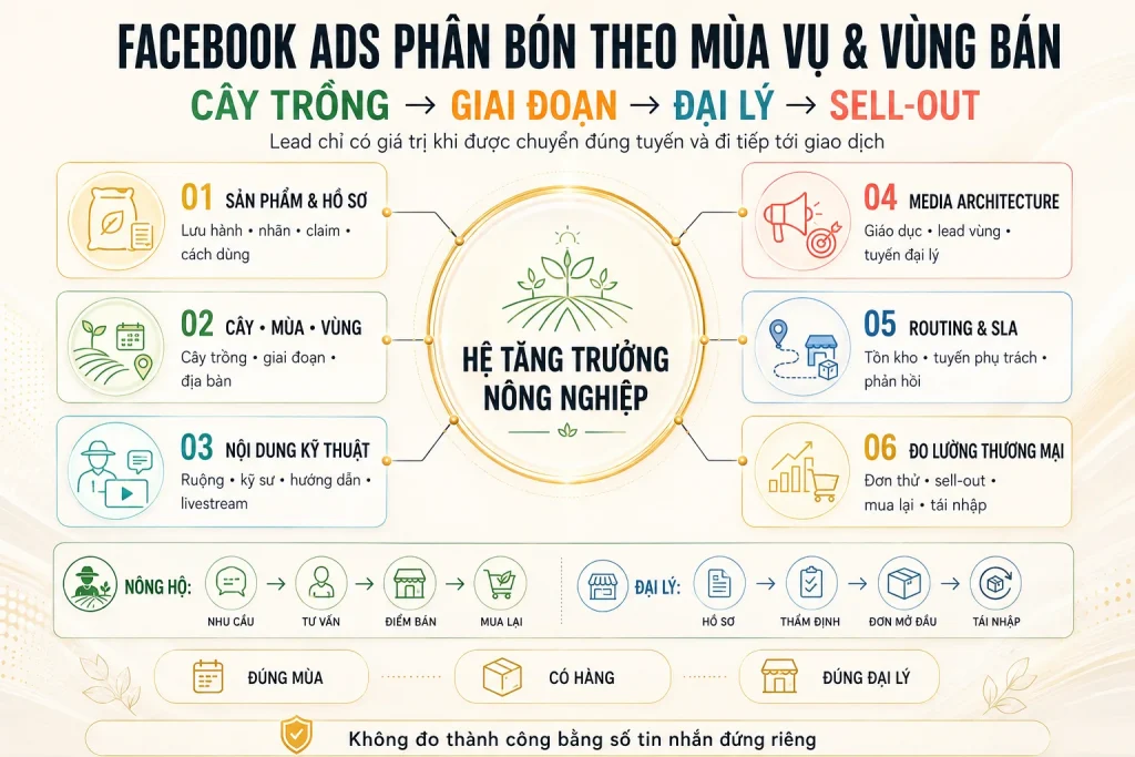 Hệ tăng trưởng Facebook Ads phân bón nối pháp lý, mùa vụ, nội dung kỹ thuật, hai phễu, hệ đại lý và dữ liệu thương mại
