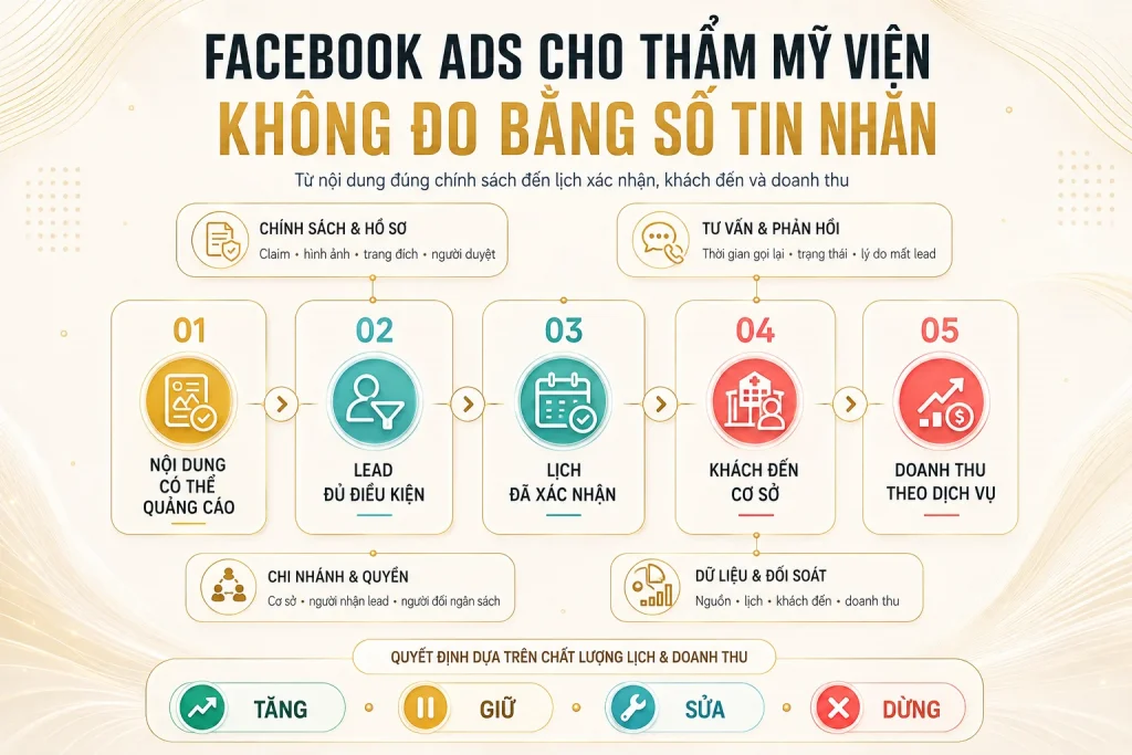 Chuỗi năm bước từ nội dung có thể quảng cáo đến lead đủ điều kiện, lịch xác nhận, khách đến và doanh thu dịch vụ