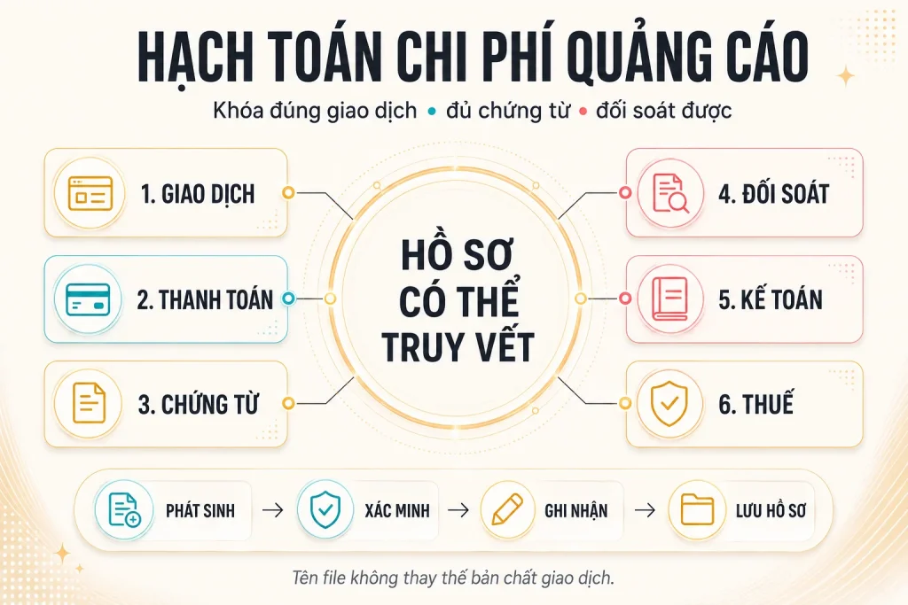 Sơ đồ sáu lớp từ giao dịch, thanh toán, chứng từ, đối soát, kế toán đến thuế để tạo hồ sơ có thể truy vết