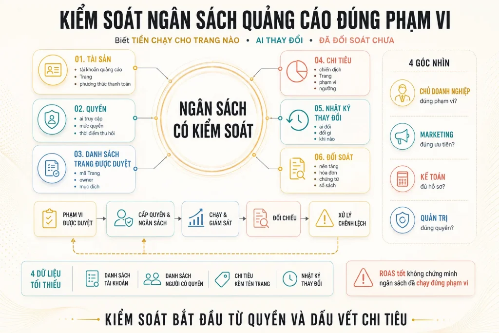 Sáu lớp kiểm soát tài sản, quyền, danh sách Trang duyệt, chi tiêu, nhật ký thay đổi và đối soát cùng bốn góc nhìn quản trị