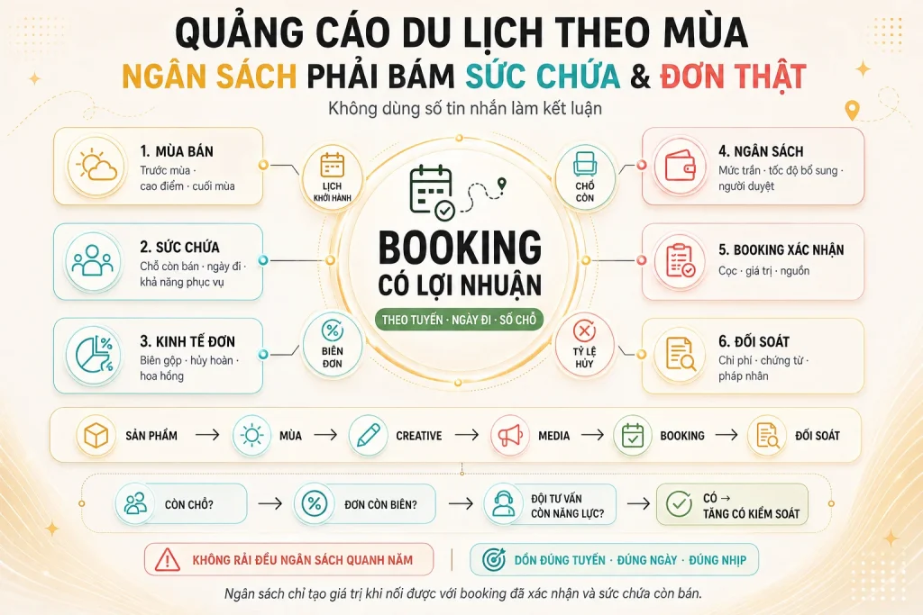 Sáu lớp vận hành quảng cáo du lịch gồm mùa bán, sức chứa, kinh tế đơn, ngân sách, booking xác nhận và đối soát