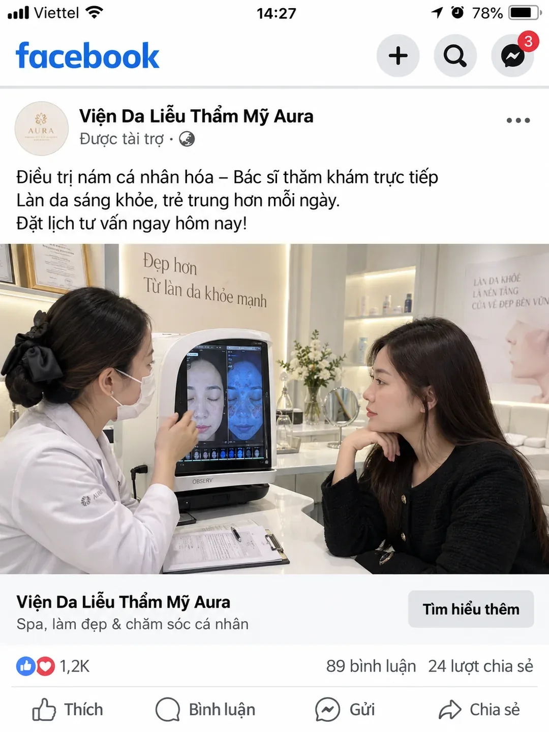 Mẫu quảng cáo Facebook Feed điều trị da chuẩn y khoa có bác sĩ thăm khám