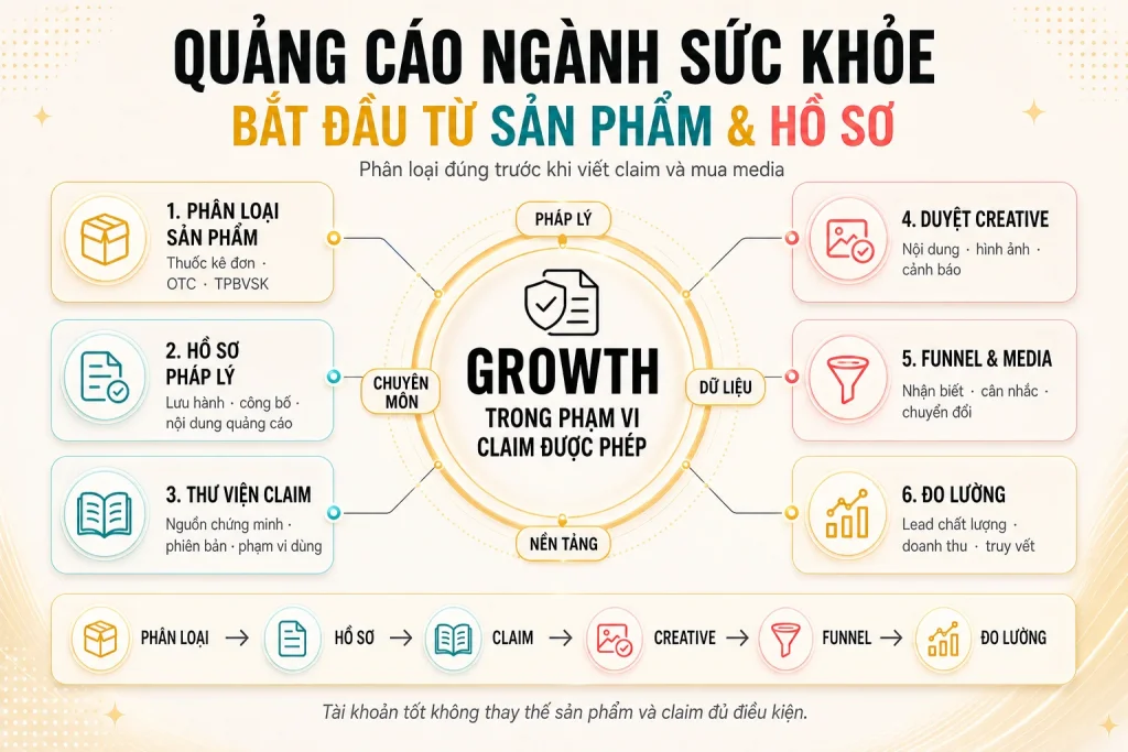 Sáu lớp phân loại sản phẩm, hồ sơ pháp lý, thư viện claim, duyệt creative, funnel media và đo lường cùng bốn cổng kiểm soát