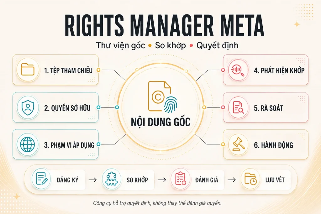Sơ đồ Rights Manager Meta từ tệp tham chiếu, quyền sở hữu và phạm vi áp dụng đến phát hiện, rà soát và hành động