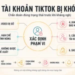 Sơ đồ sáu trạng thái thường được gọi chung là tài khoản TikTok bị khóa và quy trình giữ bằng chứng, chọn luồng, kháng nghị, theo dõi