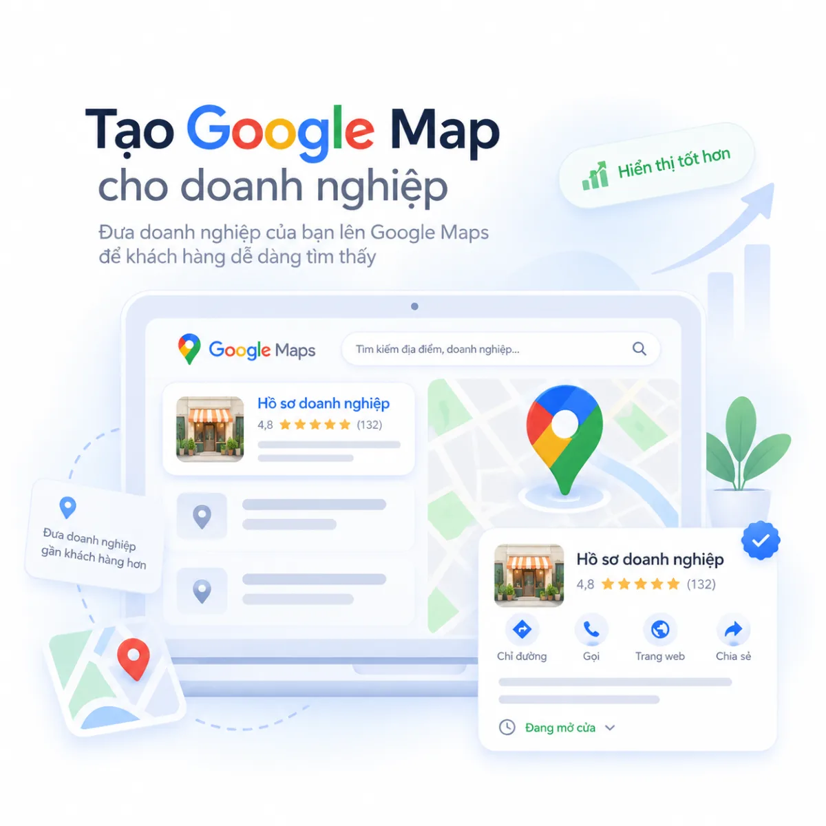Minh họa tạo Google Map cho doanh nghiệp với hồ sơ, vị trí, chỉ đường, cuộc gọi và website