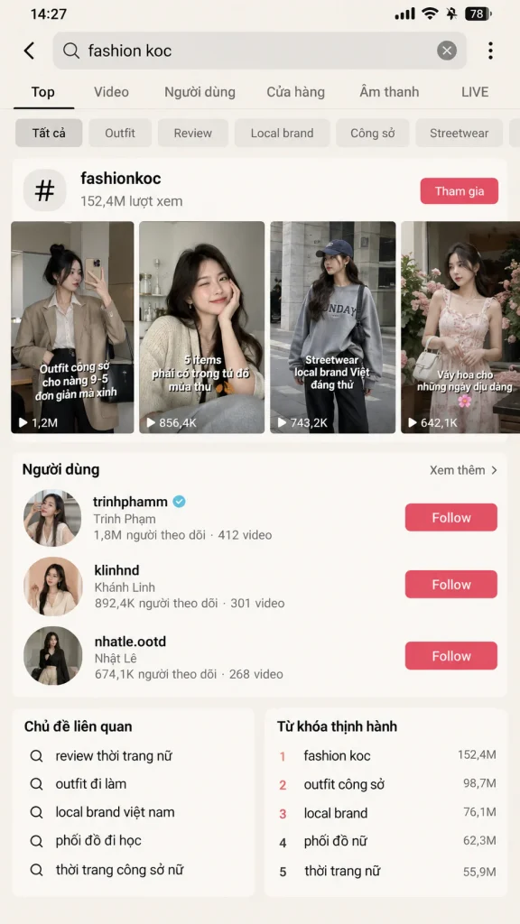 Minh họa kết quả tìm kiếm KOC thời trang trên giao diện TikTok