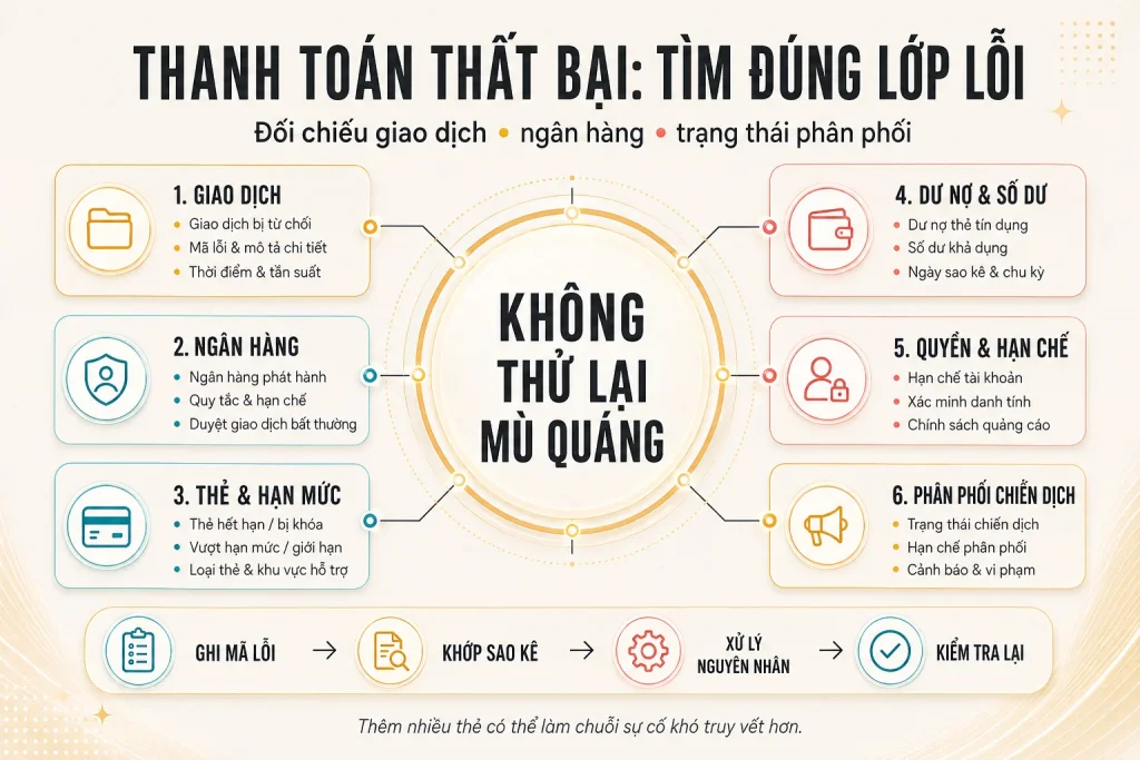 Sơ đồ sáu lớp lỗi gồm giao dịch, ngân hàng, thẻ và hạn mức, dư nợ và số dư, quyền và hạn chế, phân phối chiến dịch