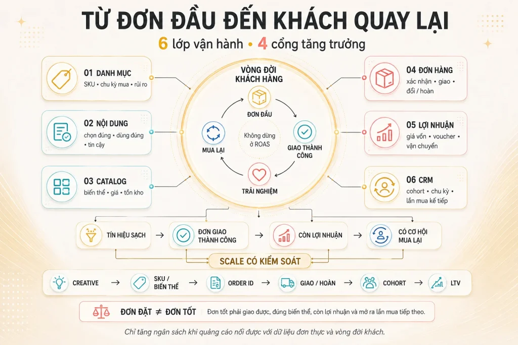 Sáu lớp vận hành danh mục, nội dung, catalog, đơn hàng, lợi nhuận và CRM cùng bốn cổng tăng trưởng có kiểm soát