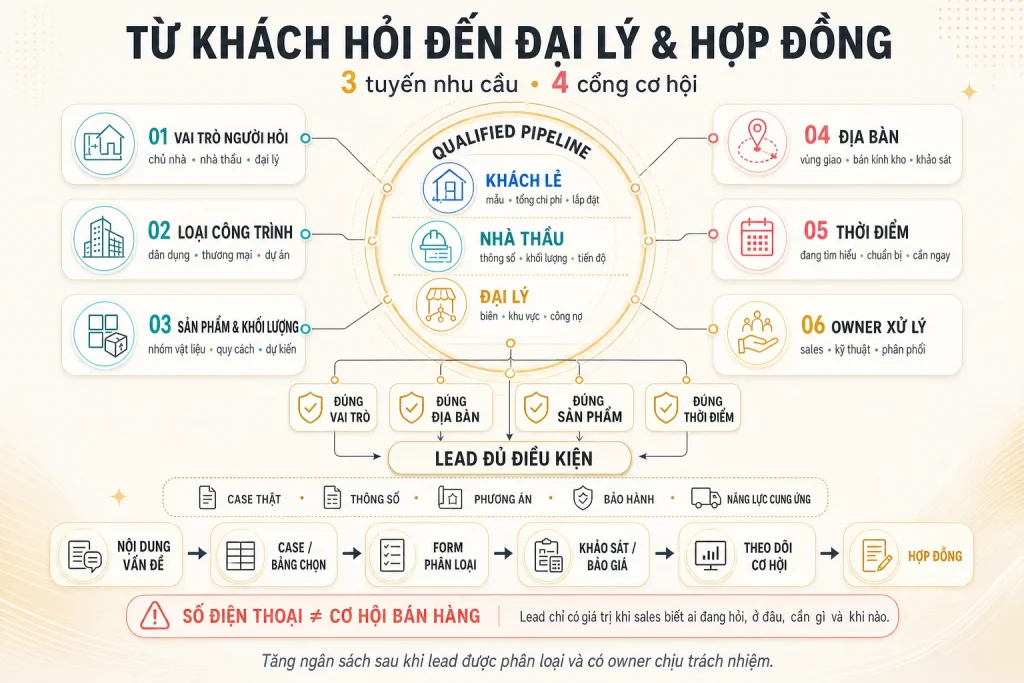 Ba tuyến khách hàng và sáu lớp dữ liệu, báo giá, khảo sát, đối soát dẫn từ quảng cáo đến hợp đồng vật liệu xây dựng