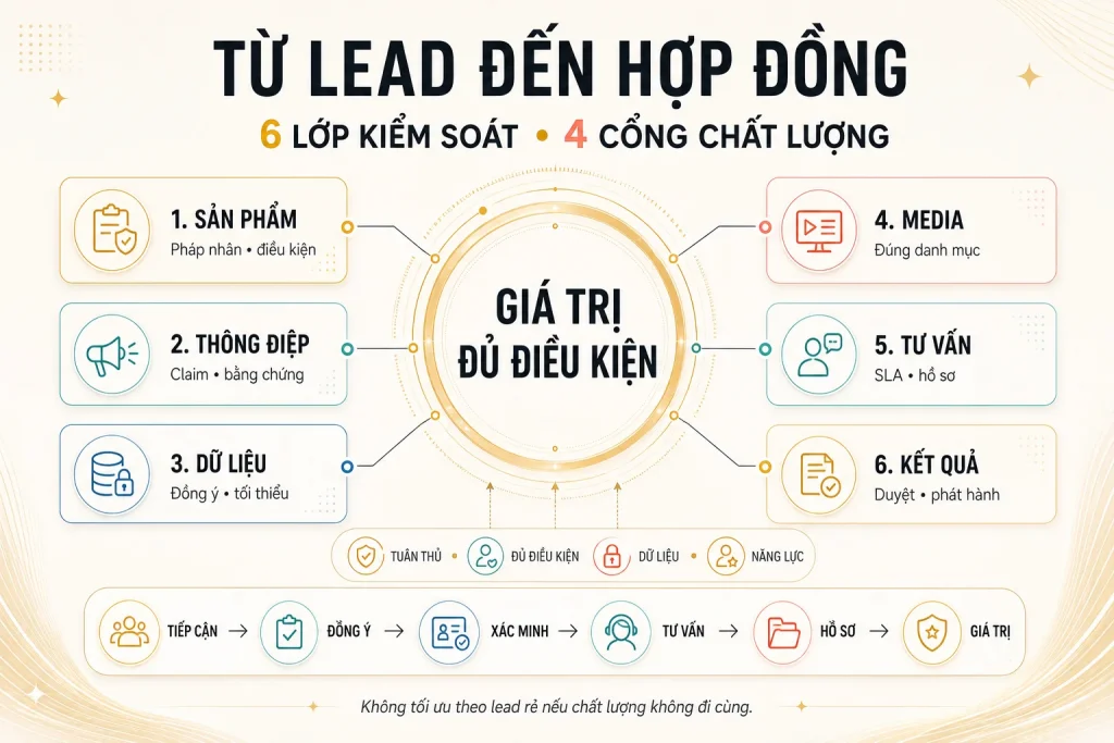 Sáu lớp kiểm soát từ sản phẩm, thông điệp, dữ liệu, media, tư vấn đến kết quả và hành trình từ tiếp cận đến giá trị đủ điều kiện