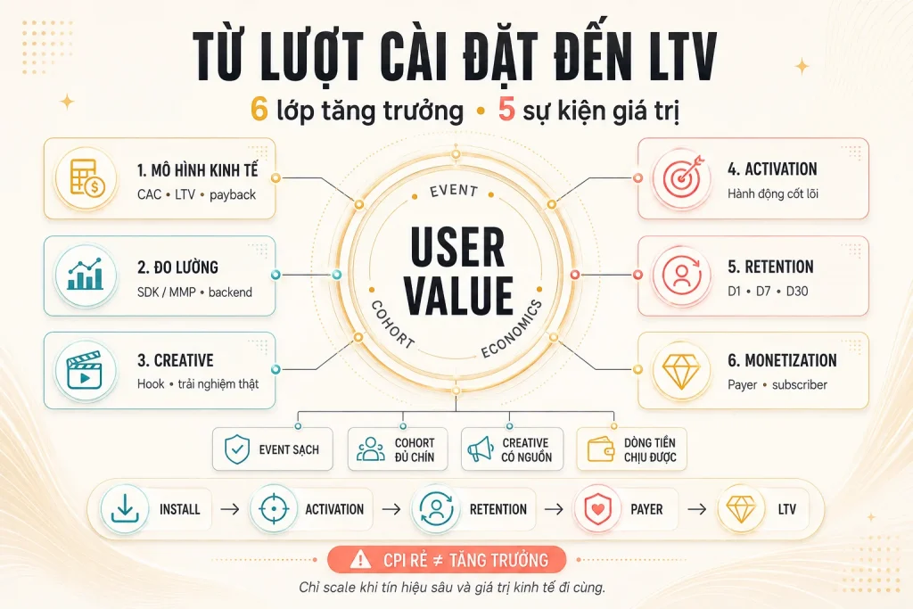 Sáu lớp tăng trưởng từ mô hình kinh tế, đo lường, creative, activation, retention đến monetization cùng hành trình install đến LTV