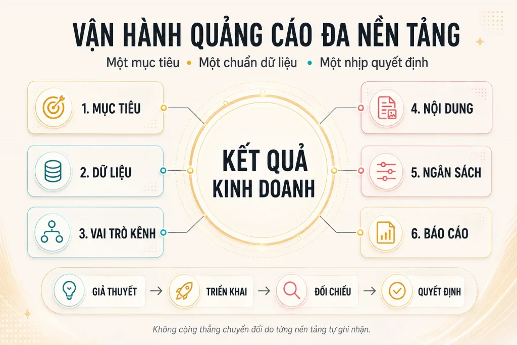Sơ đồ sáu lớp vận hành quảng cáo đa nền tảng từ mục tiêu, dữ liệu, vai trò kênh, nội dung, ngân sách đến báo cáo