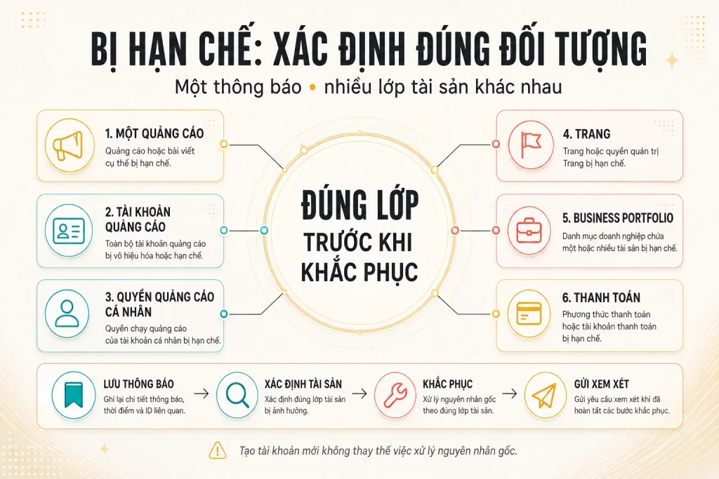 Sơ đồ sáu lớp cần phân biệt gồm quảng cáo, tài khoản quảng cáo, quyền quảng cáo cá nhân, Trang, danh mục doanh nghiệp và thanh toán