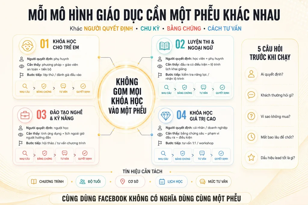Bốn mô hình khóa trẻ em, luyện thi ngoại ngữ, đào tạo nghề kỹ năng và khóa giá trị cao với phễu riêng
