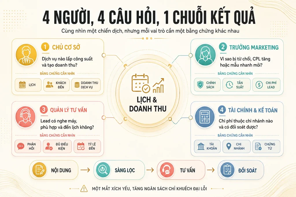 Bốn nhóm chủ cơ sở, marketing, quản lý tư vấn, tài chính và các bằng chứng họ cần nhìn về lịch và doanh thu